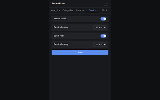 Singletask :: Tracks site usage with daily/weekly analytics, sends break reminders, and blocks distracting sites with a cooldown.