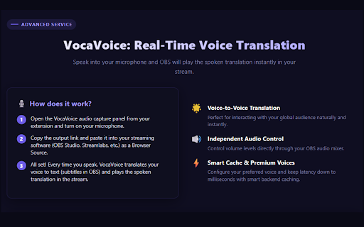 VocaStream: Live Chat & Voice Translator :: Break language barriers in live streams. Translate chat, clone your voice, and broadcast real-time audio translations instantly.