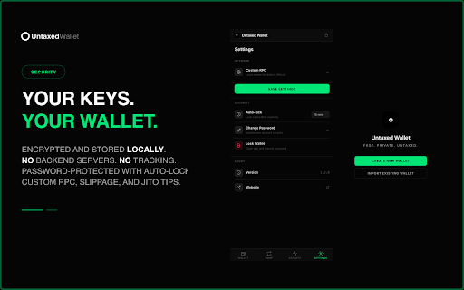 Untaxed Wallet :: Instantly trade Solana tokens from your browser sidebar across popular trading platforms — with zero platform markup.
