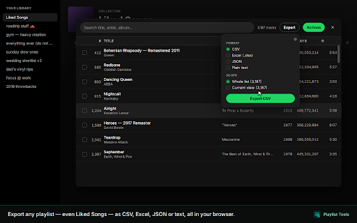 Playlist Tools for Spotify :: Search, sort, shuffle, clone, back up & restore playlists. Filters, bulk edits, Liked Songs - and the classic heart icon is back.