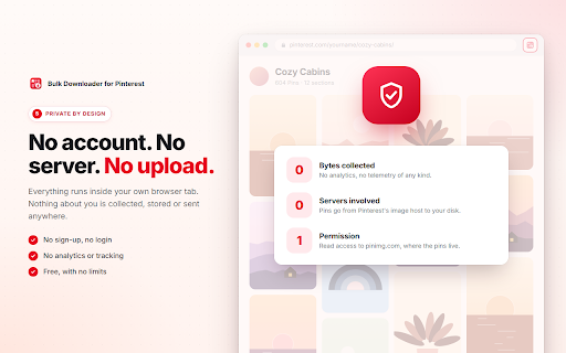 Bulk Downloader for Pinterest :: Auto-scrolls a board, grabs every pin at full resolution, and saves them all as one ZIP. No account, no server, no upload.
