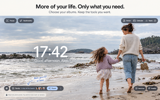 Google Photos New Tab: Focus Timer, Website Blocker & Gratitude :: Your photos on every new tab, plus a focus timer, a website blocker that closes work email after hours, and daily gratitude.