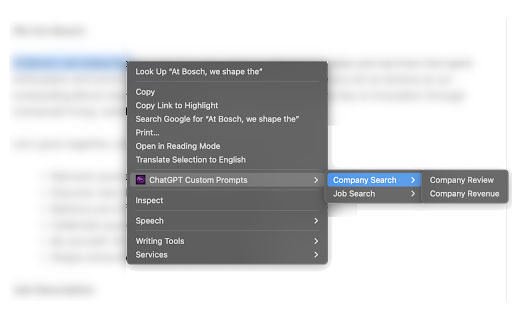 AI Custom Prompts :: Send selected text to your favorite AI Agent (ChatGPT, Gemini, Claude) with custom prompts and shortcuts.