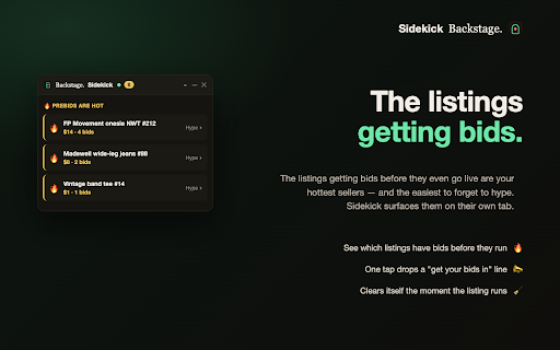Backstage Sidekick: a Whatnot Mod Tool :: Free Whatnot moderator tools: one-tap chat phrases, sizes and emoji, a who-to-thank list for raids and tips, and prebid alerts.