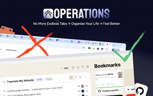 Operations: Command Center for Every New Tab :: Replace your new tab with a personal dashboard: GitHub, projects, credentials, notes, and bookmarks.