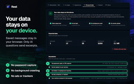 Reel - Discord AI Agent & Chat Exporter :: Ask AI about any Discord server inside Discord. 3 free questions. Discord chat export to Excel, CSV. Not affiliated with Discord.