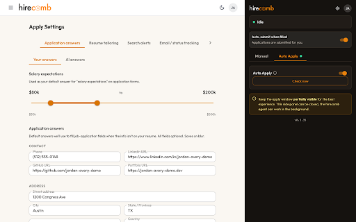 hirecomb AI Agent :: Match jobs to your resume, tailor it to get past filters, and apply automatically from your own browser.