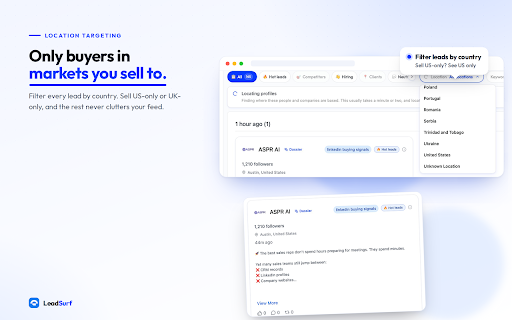 Lead Surf – Find & Engage Leads on LinkedIn :: Monitor LinkedIn for buyer signals. AI finds relevant leads and drafts your replies & connection notes. You send. No spam, no risk.