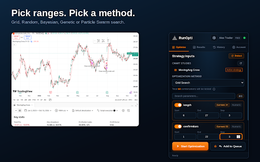 TradingView Strategy Optimizer & Backtest Automation - RunOpti :: No more manual backtests. RunOpti tests your TradingView strategy settings for you and finds the best ones. Free, no sign-up.