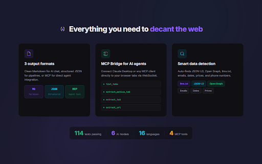 Decant — Send any page to Claude, ChatGPT & Gemini :: Extract any web page & send to Claude, ChatGPT or Gemini in one click. Clean Markdown, JSON, MCP bridge for AI agents & developers.