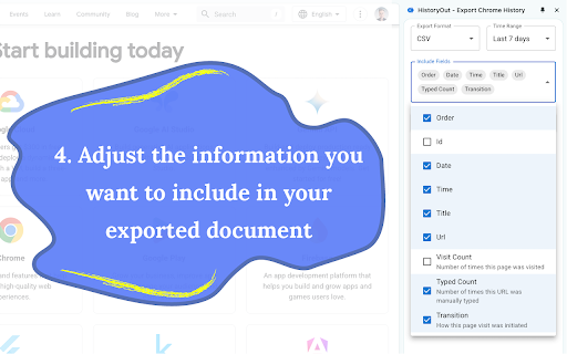 HistoryOut - Export Chrome History :: Export Chrome History in Excel-readable CSV, JSON or HTML formats. Use custom date ranges and customize the output fields.