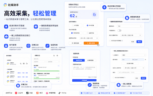 社媒助手 - 社媒平台数据采集工具 :: 小红书、抖音、哔哩哔哩、快手、TikTok等社媒平台数据采集及运营辅助工具,支持一键下载视频/图片、同步至飞书、一键复制、达人/作品/评论数据采集、批量导出数据、自定义文件名/字段等...