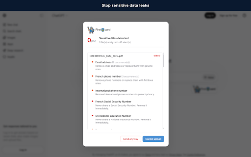 FirstGuard - AI Prompt Security & Privacy :: Detect and highlight sensitive data in your ChatGPT prompts before sending
