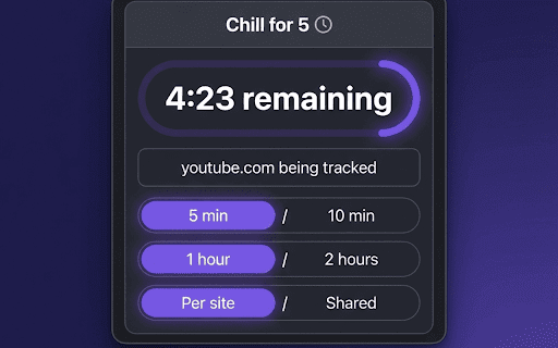 Chill for 5 mins :: Take a chill break! Get 5 minutes on distracting sites, then focus. Time only counts when you're actually looking.