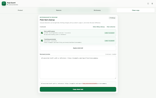 Ruja Guard :: Protect sensitive text and create reviewed plain-text copies locally before sharing with AI.