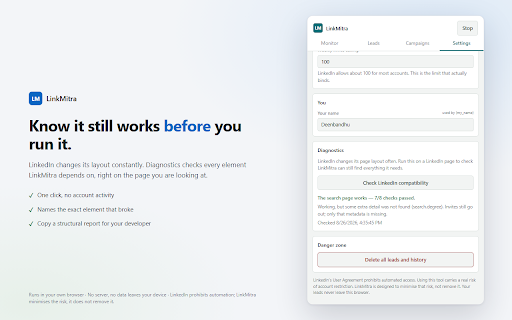 LinkMitra — LinkedIn Outreach & Lead Gen :: Paced LinkedIn outreach with a live account-safety meter. Harvest leads, run connect sequences, stop before you get flagged.