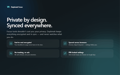 Daybreak Focus :: Block distracting sites, set screen-time limits, and stay focused. Private by design with end-to-end encrypted sync.