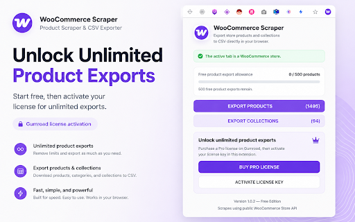 WooCommerce Product Scraper & CSV Exporter :: Export WooCommerce products and categories to CSV in your browser. Free for 500 products; activate license for unlimited exports.