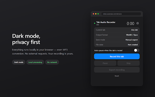 Tab Audio Recorder :: Record the current tab's audio locally as a WebM/Opus file. No uploads, no microphone, no tracking.