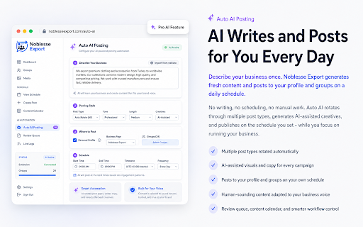 Noblesse Export - AI Automation for FB Groups :: Automate Facebook Group posting with AI tools, smart scheduling, bulk publishing, analytics, and safer workflow controls.