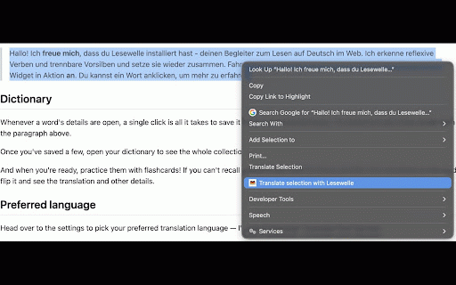 German Translator & Flashcards - Lesewelle :: German translator that gets separable & reflexive verbs right. Click any word for definitions, save and drill with flashcards.