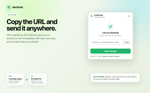 Publish to dochost :: One-click publish of AI-generated HTML and Markdown as a live, shareable web page — no copy-paste, no hosting setup.