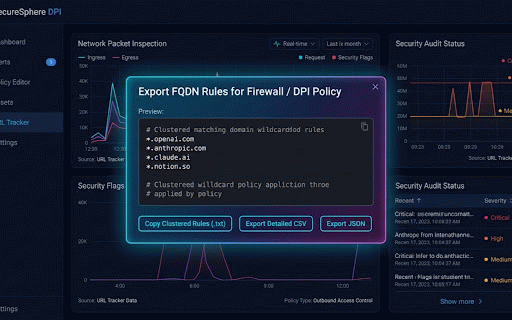 URL Tracker :: Network traffic audit & domain tracking tool. Maps FQDNs by app/extension for DPI rule configuration and browsing analytics.