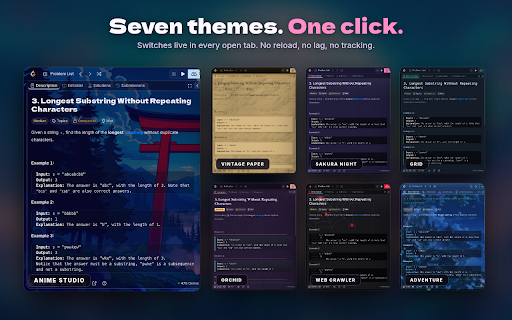 Theme Studio for LeetCode – Dark Themes & Anime Backgrounds :: Custom LeetCode themes and dark mode for the code editor and problem page. Set any picture or anime scene as your background.