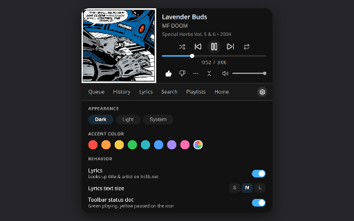 Companion for YouTube Music :: Control YouTube Music from a toolbar popup: playback, queue, recommendations, history, search, playlists and synced lyrics.