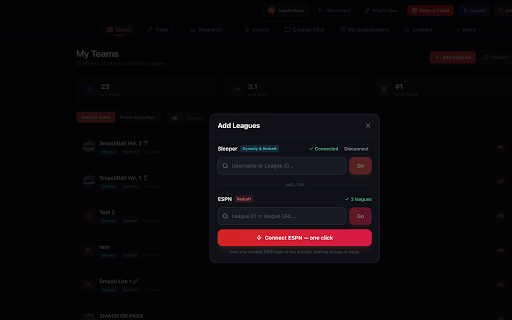 Smash Accept Draft Assistant :: Live auction & snake draft advice in Yahoo, Sleeper & ESPN — values, WAR, max bids, roster grades, private ESPN leagues.