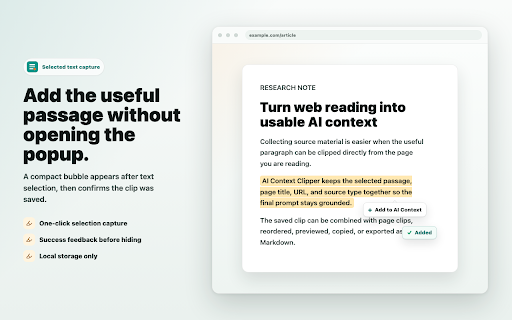 AI Context Clipper :: Clip web pages and selected text into clean, source-backed AI prompt context.