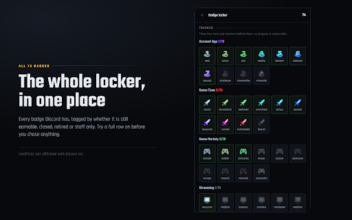Badge Previewer for Discord :: Preview Discord badges on your profile and track progress toward the new tiered ones. Unofficial, not affiliated with Discord.