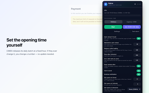 Kairos — CIMEA Payment Slot Alert :: CIMEA payment slot alert. Watches your Diplome request and alarms the second a slot opens. Never enters card details, never pays.