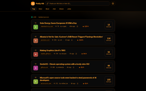 Pretty Hacker News — a configurable skin for Hacker News :: A calmer, modern Hacker News — in place. Themes, keyboard nav, inline article previews, and vote/comment on your own account.