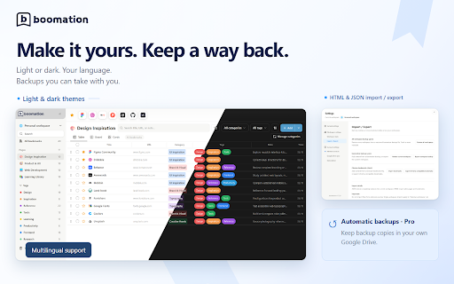 boomation - Bookmark Manager & Google Drive Sync :: Organize bookmarks, save open tabs, and manage workspaces. Keep data on your device or sync with your own Google Drive.