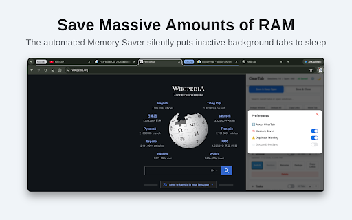 ClearTab :: Organize tabs, save memory, remove duplicates, and export tab URLs smoothly.
