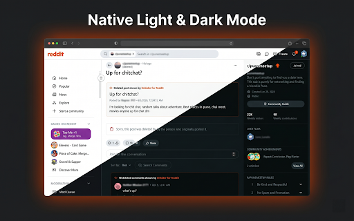 Unhider for Reddit :: Seamlessly explore hidden user profiles, read deleted comments, and view removed posts natively within the interface on Reddit.com.