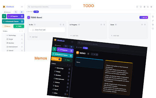 ClickBook - AI bookmark manager :: Save, organize, and manage bookmarks by category with one click. Powered by Gemini Nano on-device AI.