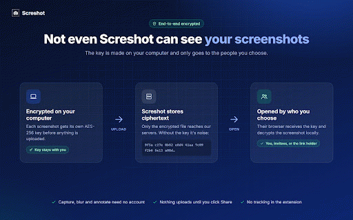 Screshot – End-to-End Encrypted Screenshot Sharing with Blur & Annotate :: Share screenshots by end-to-end encrypted link: only the people you choose can open them. Blur & annotate first, all on your device.
