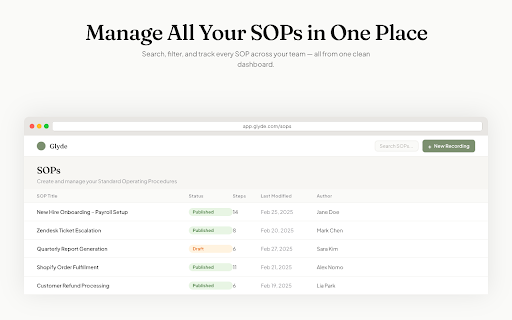 Glyde - Create Step by Step Guides & SOPs :: AI-powered screen recorder that turns workflows into step-by-step guides and SOPs.