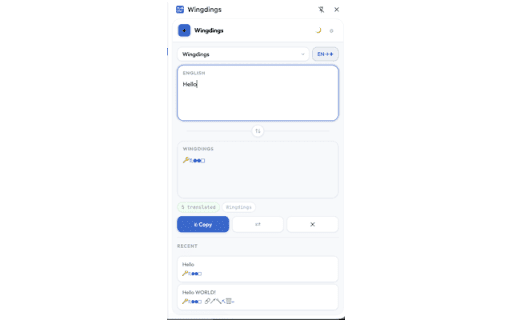 Wingdings Translator — All Fonts :: Translate English ↔ Wingdings, Wingdings 2, Wingdings 3 & Webdings. Character chart, history, favorites. 100% offline.