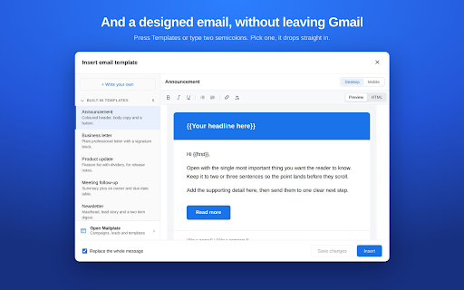 Mailplate: Mail Merge for Gmail :: Send one personalised email to a list, from your own Gmail. No account and no server: your list never leaves your browser.