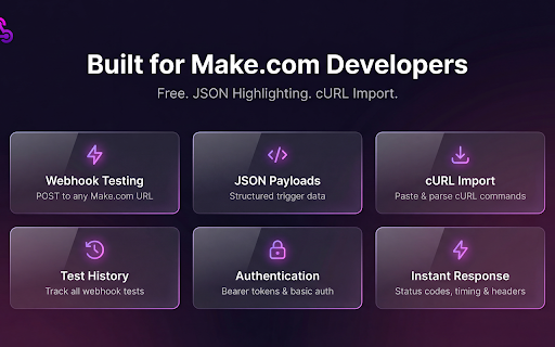 Make (Integromat) Webhook Tester - Debug Automation Workflows :: Test & debug Make.com (Integromat) webhook URLs. Send HTTP requests, import cURL, inspect responses. Free automation tool.