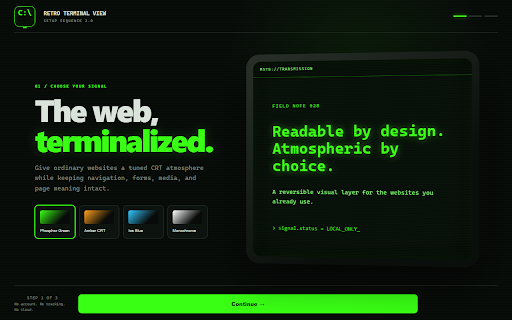 Retro Terminal View — CRT Themes for the Web :: Turn websites into customizable CRT terminals with phosphor themes, site rules, safe media controls, and local settings.