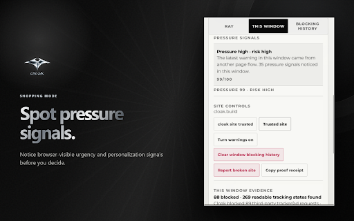 cloak :: Chrome privacy extension: block selected trackers, clean tracking links, reduce fingerprinting, and protect shopping sessions.