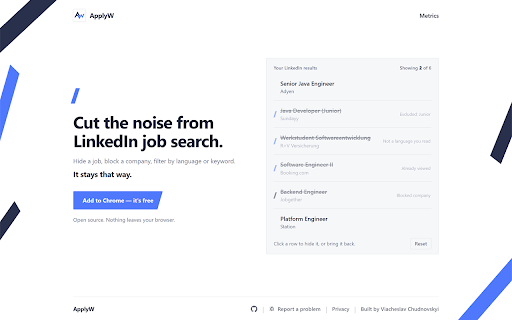 ApplyW - LinkedIn Job Language Filter :: Clean up LinkedIn Jobs: hide jobs you've viewed or applied to, filter by keyword and language, and block companies.