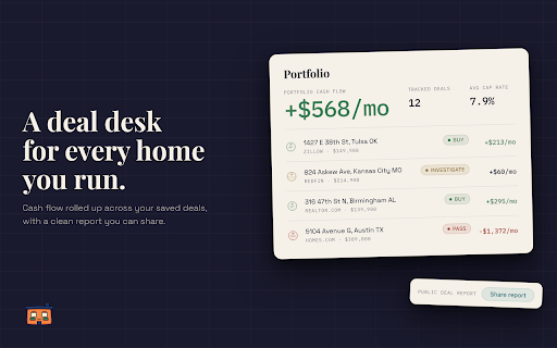 Mortar: Real Estate Deal Analyzer :: Open a listing on Zillow, Redfin, Realtor.com, or Homes.com. Mortar reads the numbers, tells you if the deal is worth it.