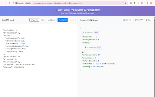 JSON Viewer Pro Expand,Editor,Auto,Drag-Drop,Output Dump 2 json By PatilWeb :: View, format, edit, expand/collapse, drag & drop, and export JSON with advanced features in Chrome.