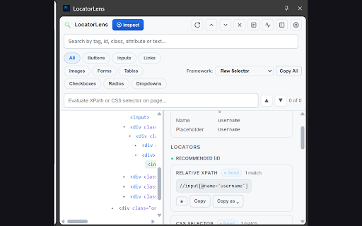 LocatorLens :: Inspect any element and generate stable XPath, CSS & Playwright/Cypress/Selenium locators. Build Page Object Models instantly.