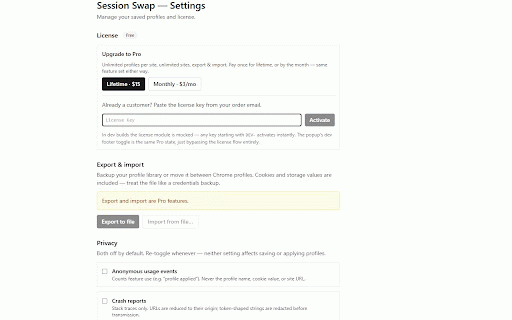 Session Swap :: Save and switch named cookie + localStorage profiles per site. 100% local, no accounts.